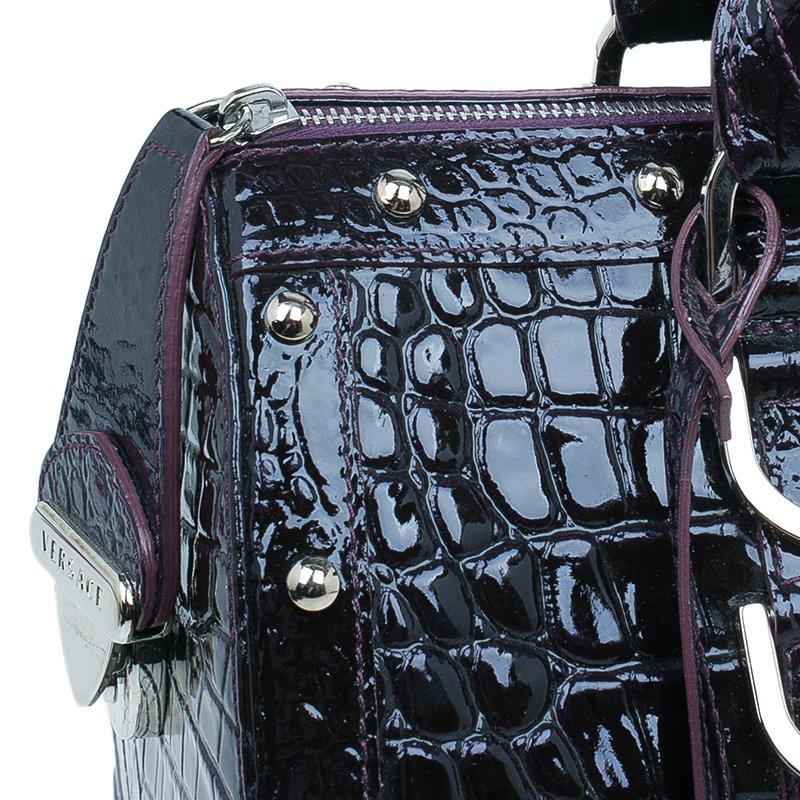 Women's Versace Purple Croc Embossed Patent Leather Snap Out Of It Satchel Bag