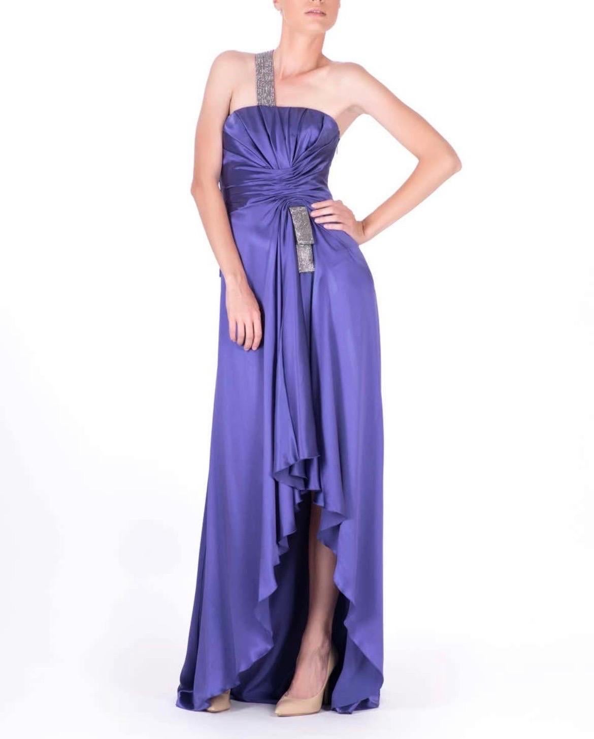 NWT Versace Purple Crystal Embellished Long 100% Silk Dress Gown Italian 38 - 2 In New Condition For Sale In Montgomery, TX