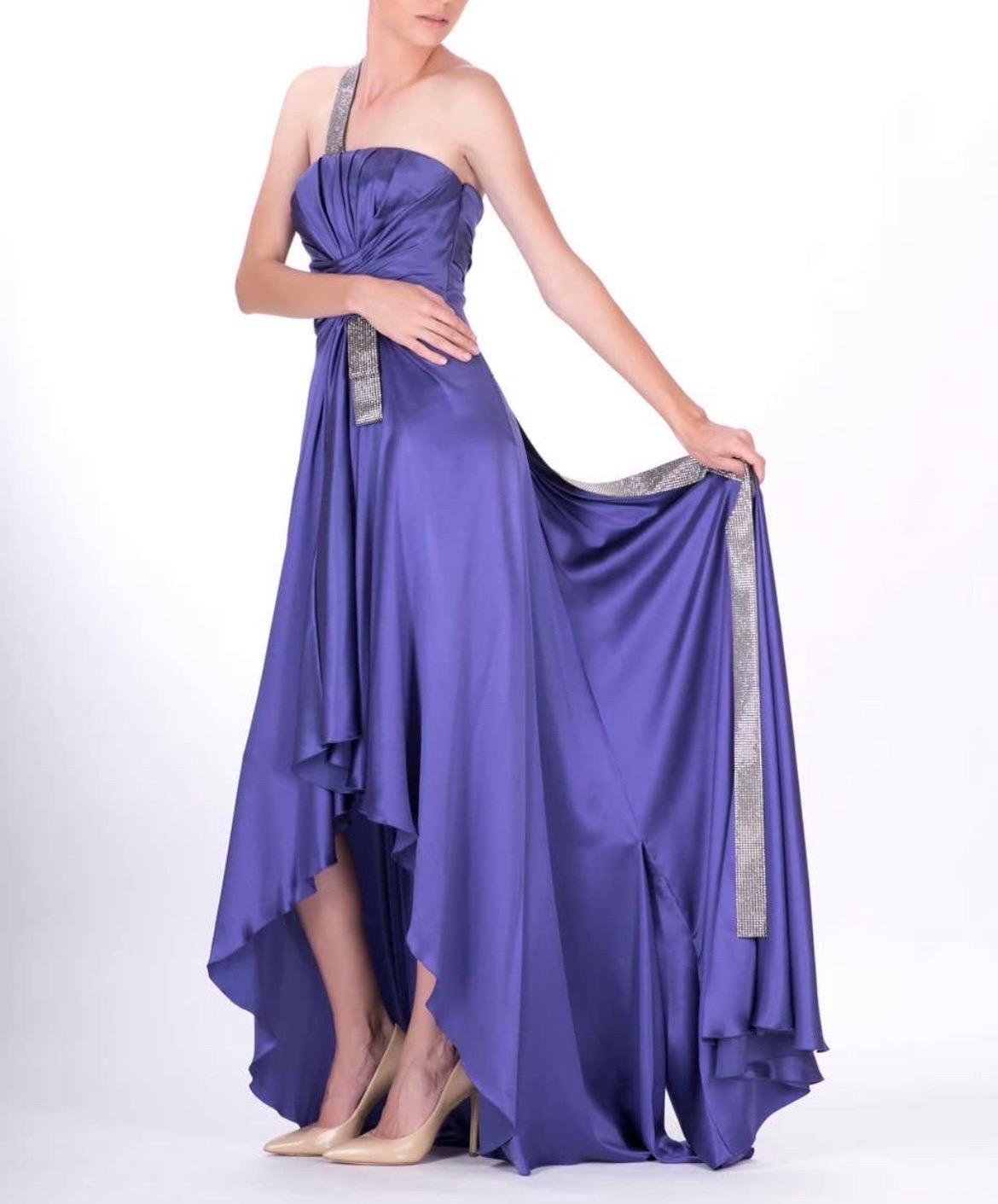 Women's NWT Versace Purple Crystal Embellished Long 100% Silk Dress Gown Italian 38 - 2 For Sale