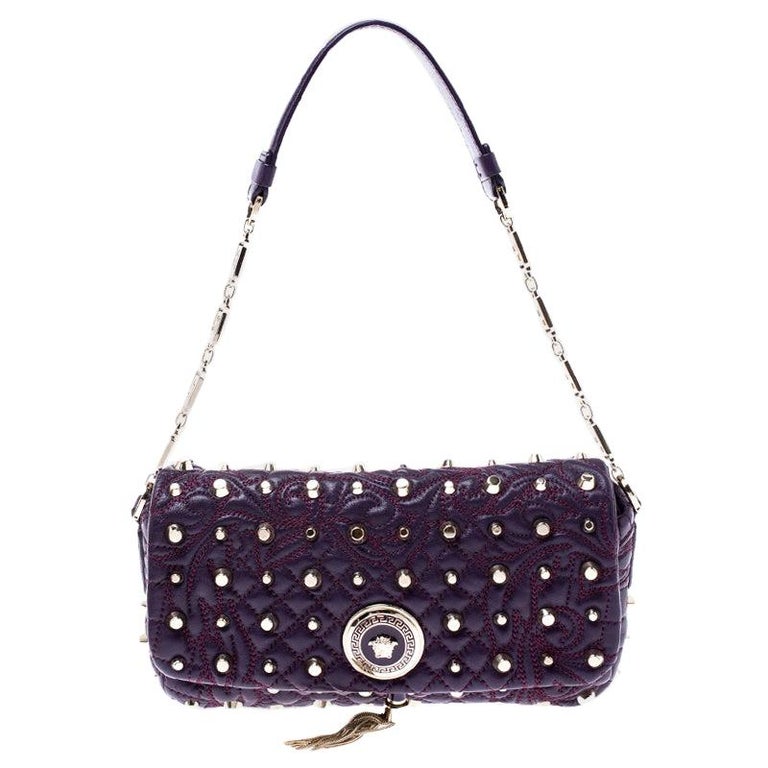 Versace Purple Leather Studded Tassel Vanitas Medea Shoulder Bag For Sale at 1stDibs