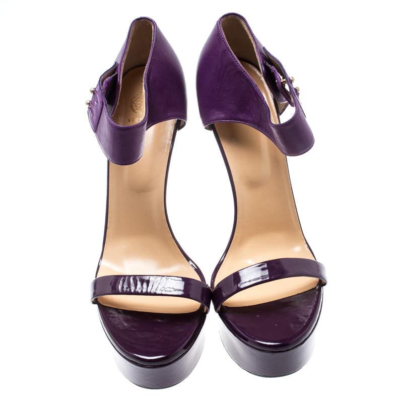 Black Versace Purple Patent Leather And Leather Ankle Strap Platform Sandals Size 40