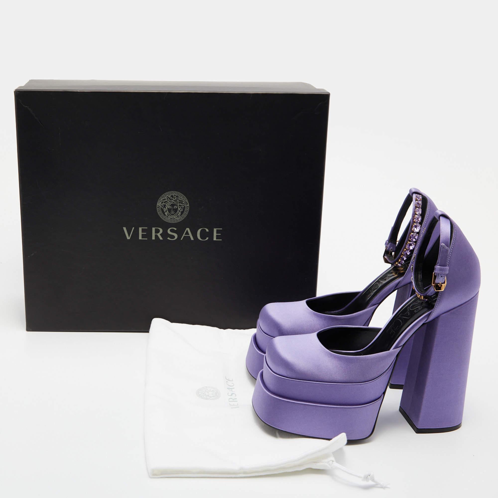 Versace Purple Satin Medusa Aevitas Double Platform Pumps Size 38 7