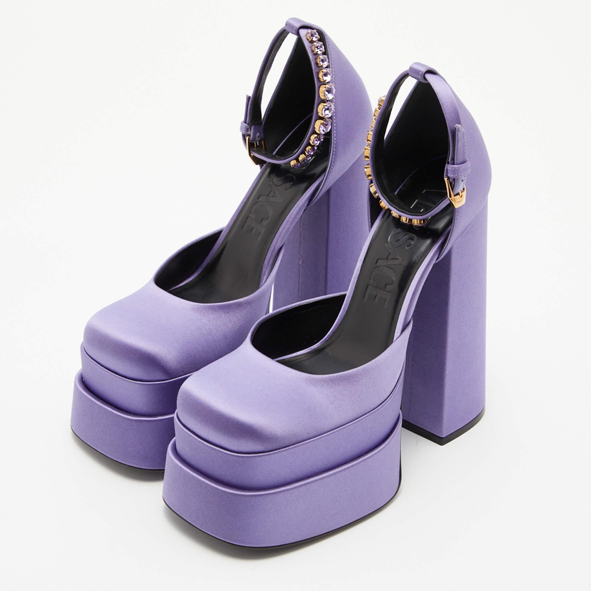 Versace Purple Satin Medusa Aevitas Double Platform Pumps Size 38 2