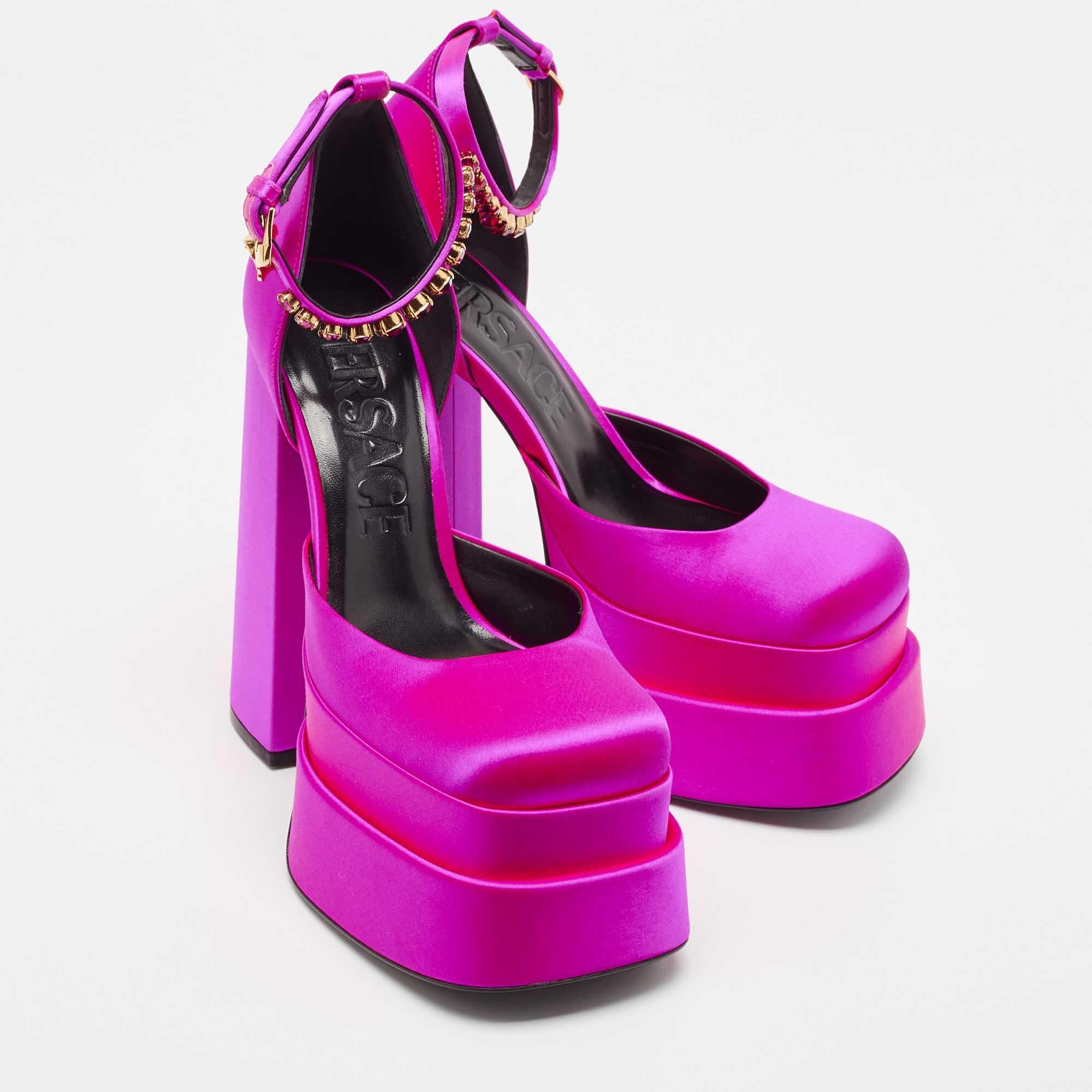Women's Versace Purple Satin Medusa Block Heel Pumps Size 38