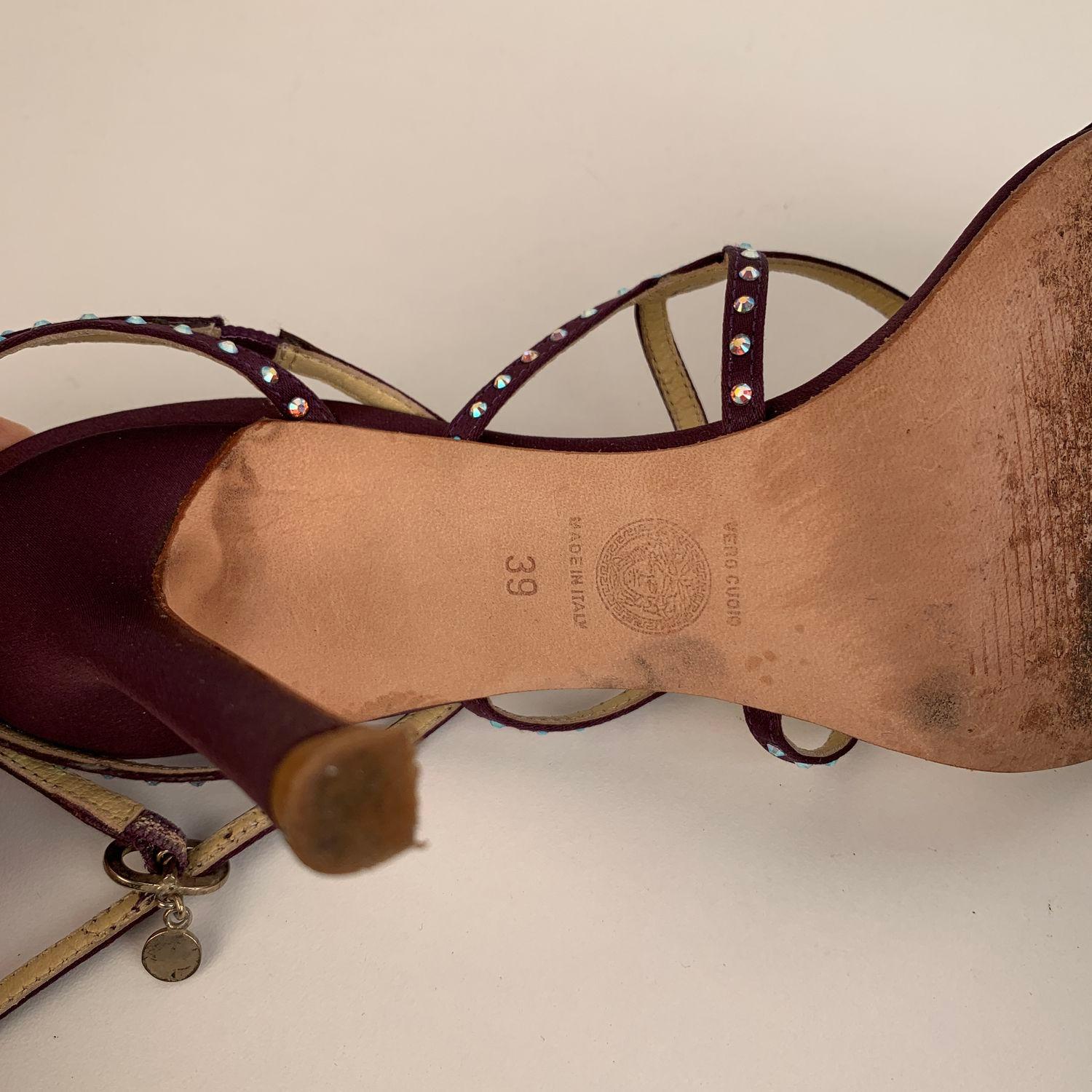 Versace Purple Satin Sandals Heels Shoes with Rhinestones Size 39 3