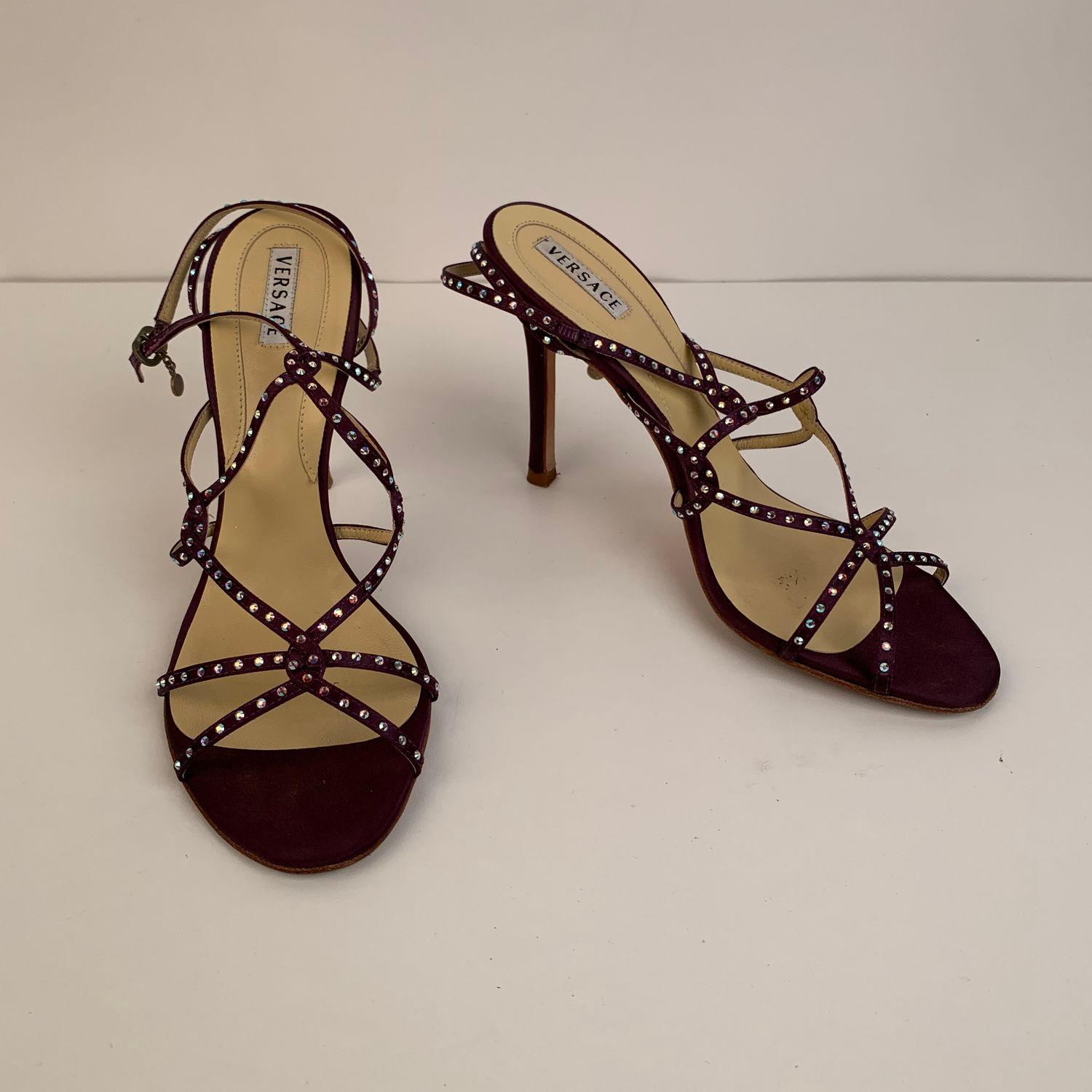 Black Versace Purple Satin Sandals Heels Shoes with Rhinestones Size 39