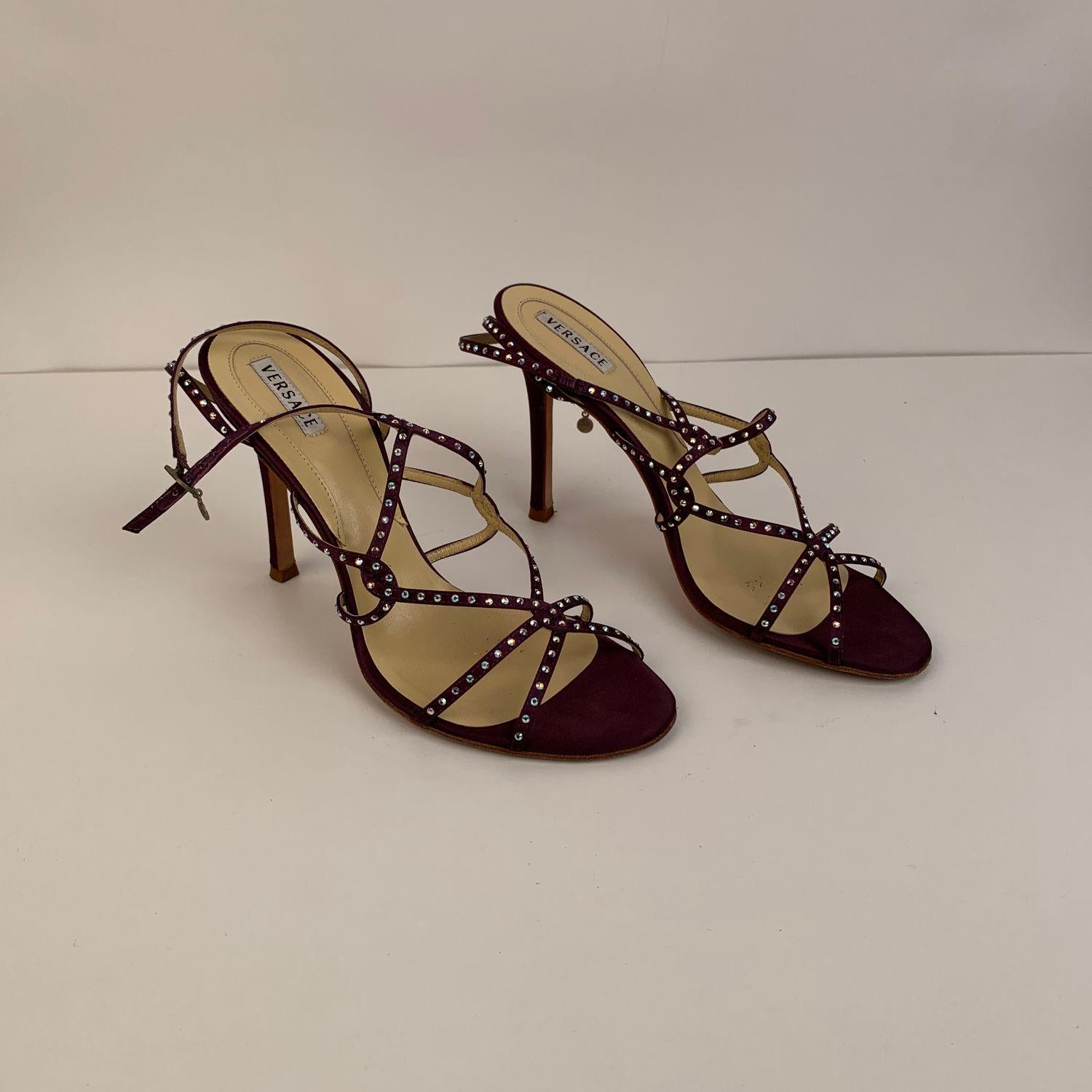 Women's Versace Purple Satin Sandals Heels Shoes with Rhinestones Size 39