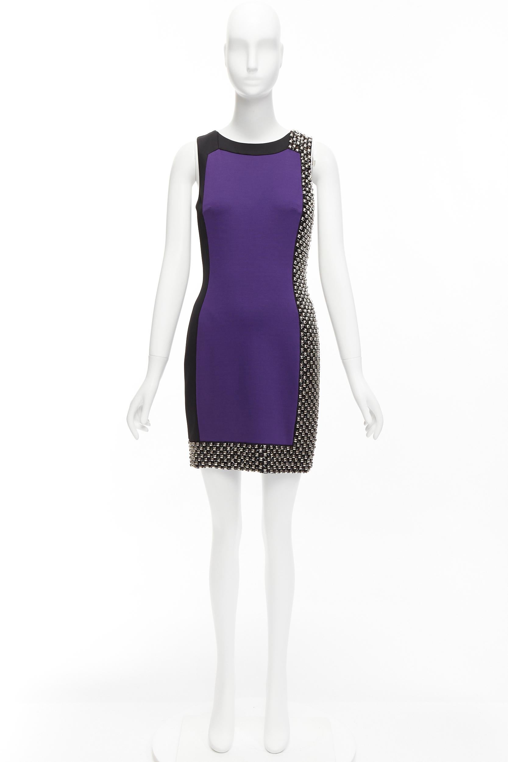 VERSACE purple silk blend silver studs colorblock mod shift dress IT42 M For Sale 5