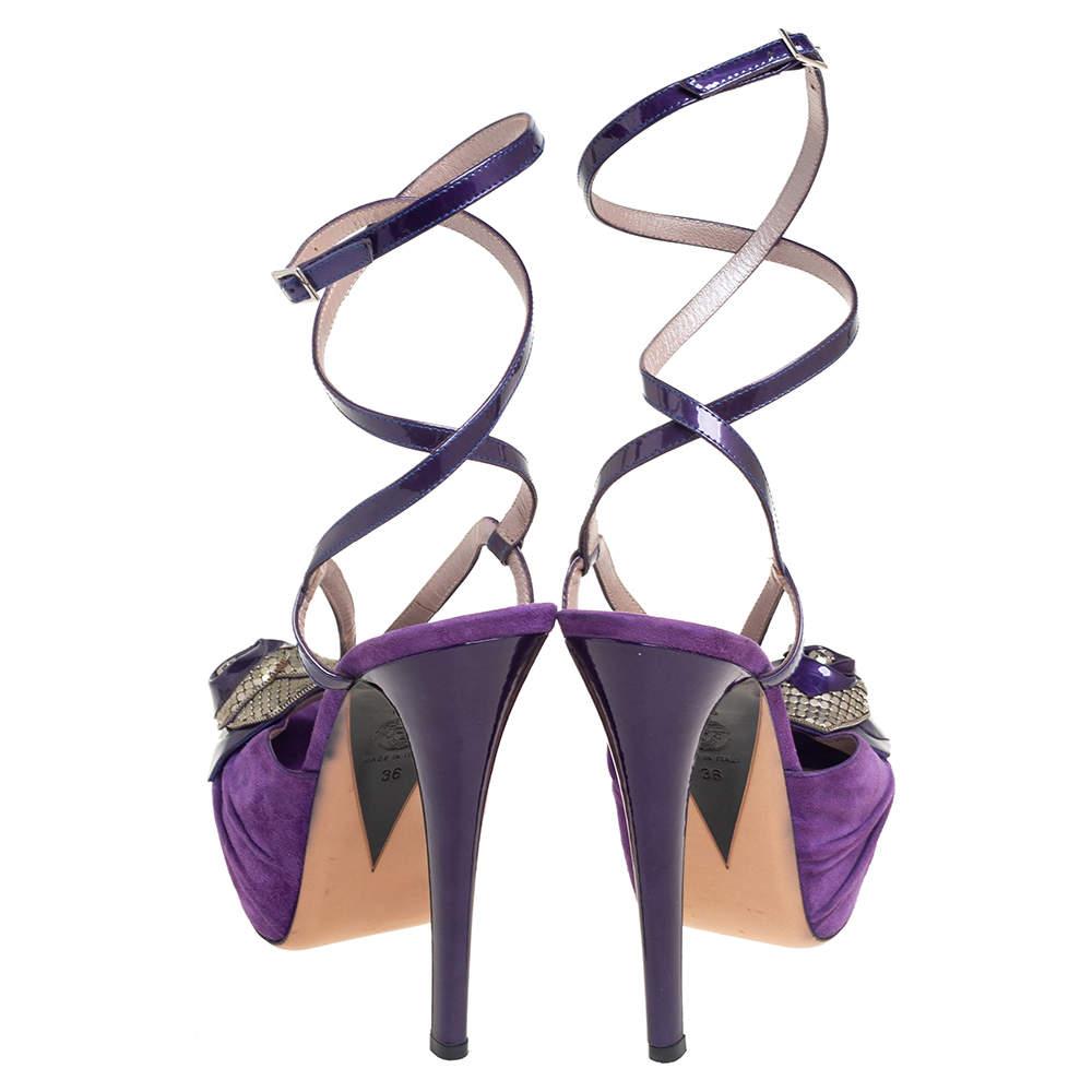 Women's Versace Purple Suede And Patent Leather Platform Ankle Strap Sandals Size 36