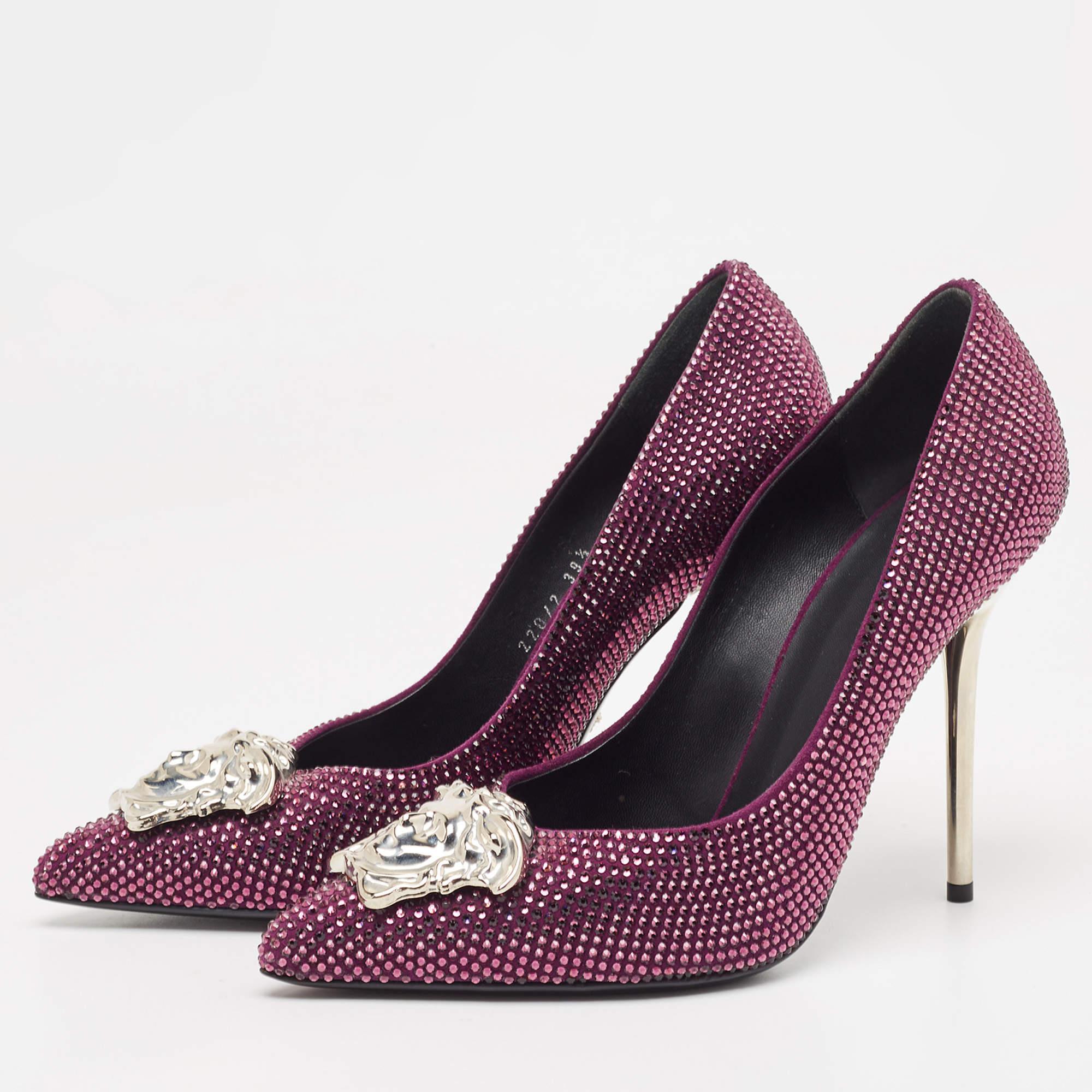 Versace Purple Suede Crystals Medusa Pumps Size 39.5 For Sale 2