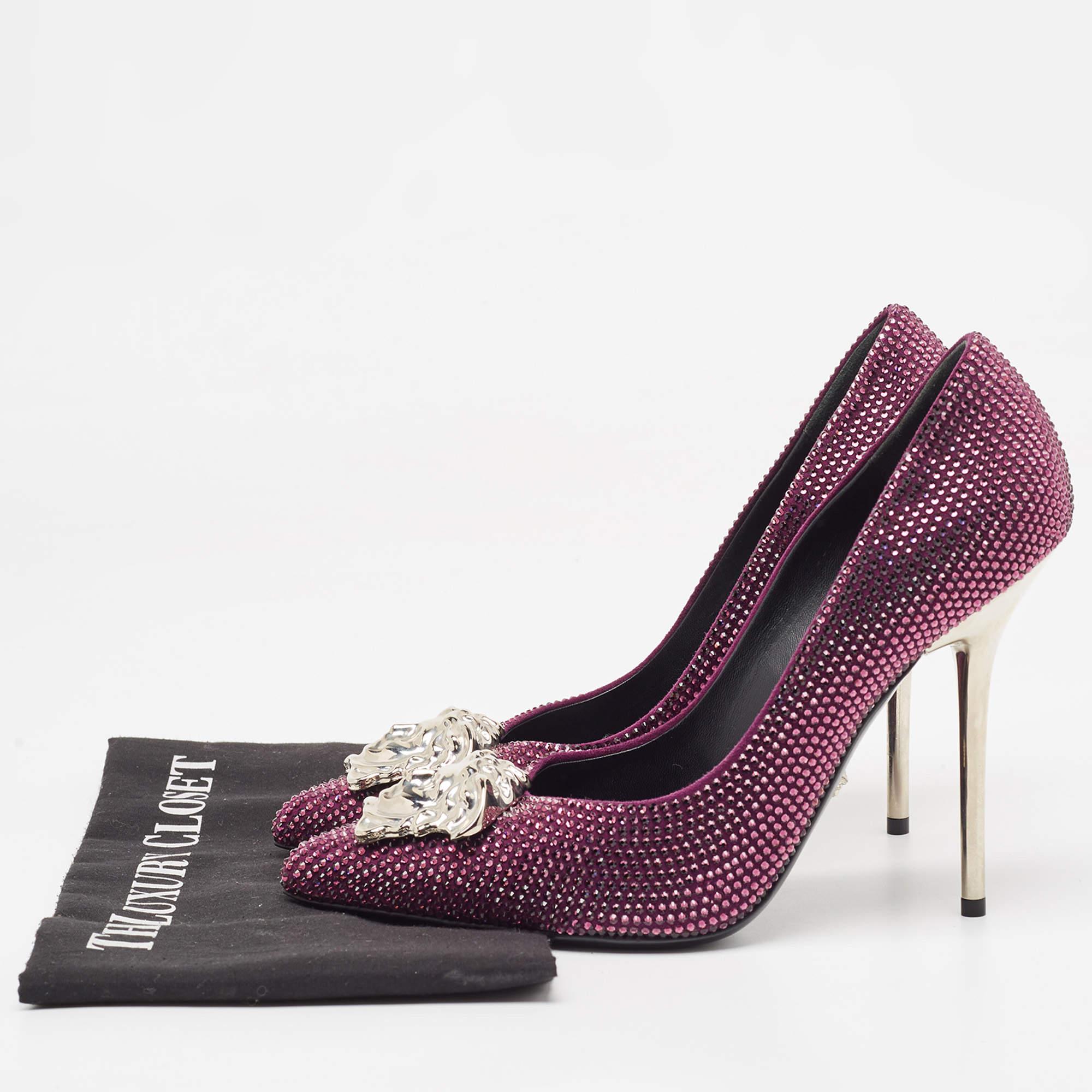 Versace Purple Suede Crystals Medusa Pumps Size 39.5 For Sale 5