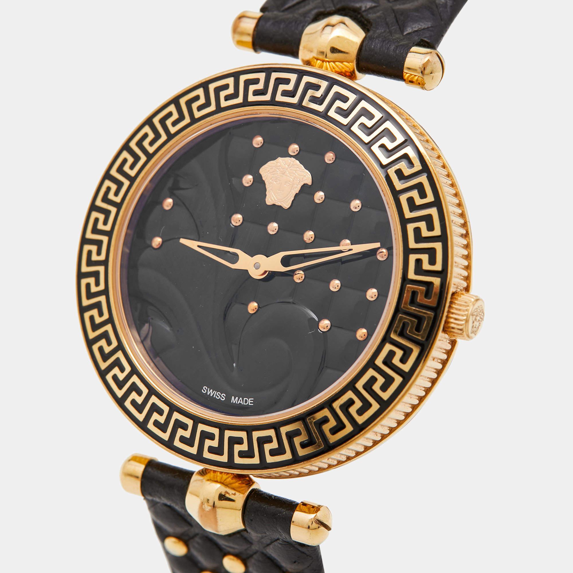 Contemporary Versace PVD Coated Stainless Embossed Leather Vanitas Women's Wristwatch 40 mm