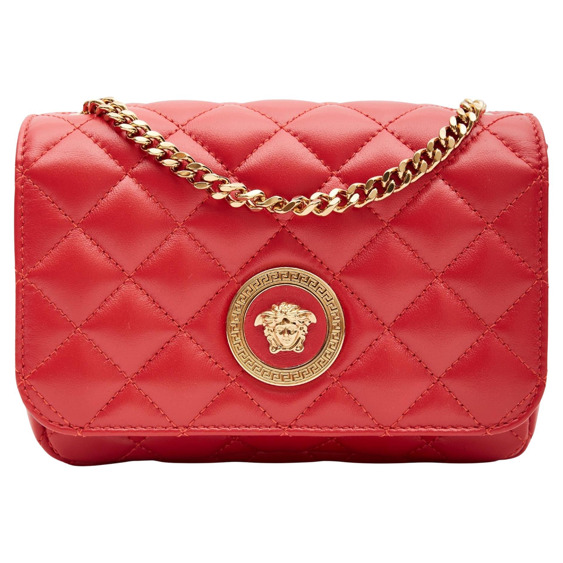 Versace Quilted Leather Red Medusa Head Small Flap crossbody Bag