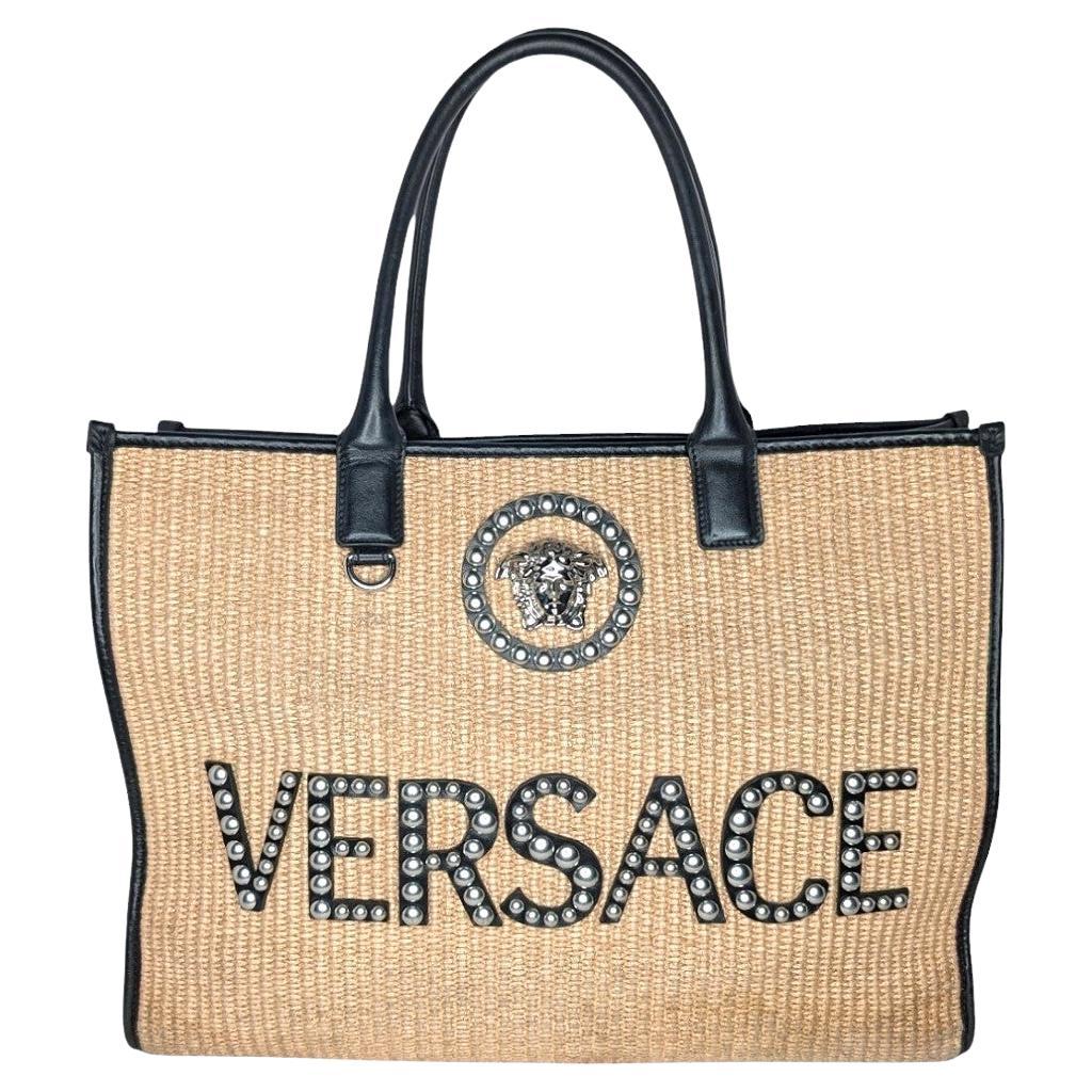 Versace Raffia Studded La Medusa Large Tote For Sale