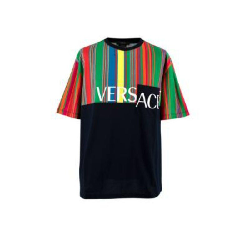 Versace Ladies Black / Multicolor Rainbow Logo Crop Top, Brand