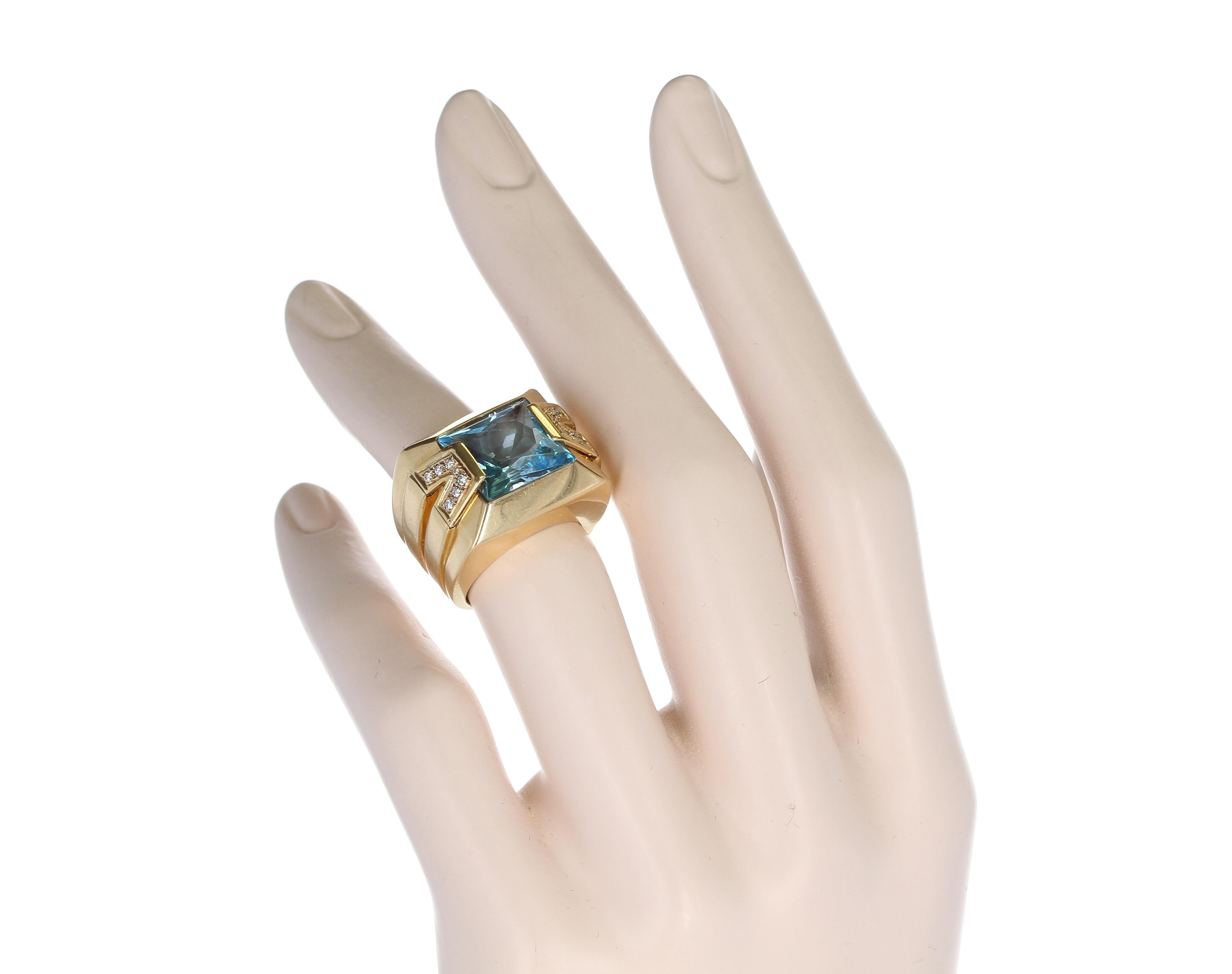 Radiant Cut Versace Rectangular Blue Topaz and Diamond Cocktail Ring, 18K Yellow Gold