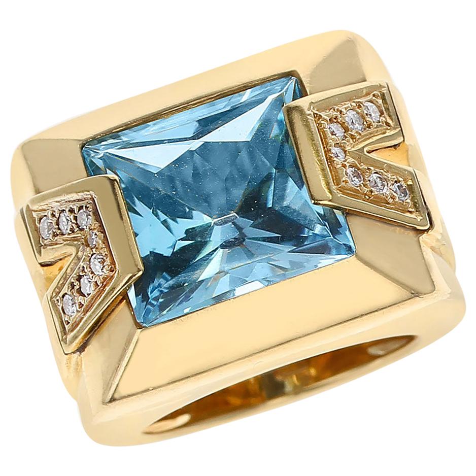 Versace Rectangular Blue Topaz and Diamond Cocktail Ring, 18K Yellow Gold