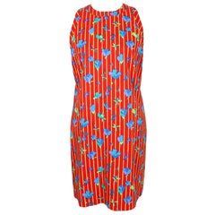 Versace Red Cotton Vintage Floral Sheath Dress 90s