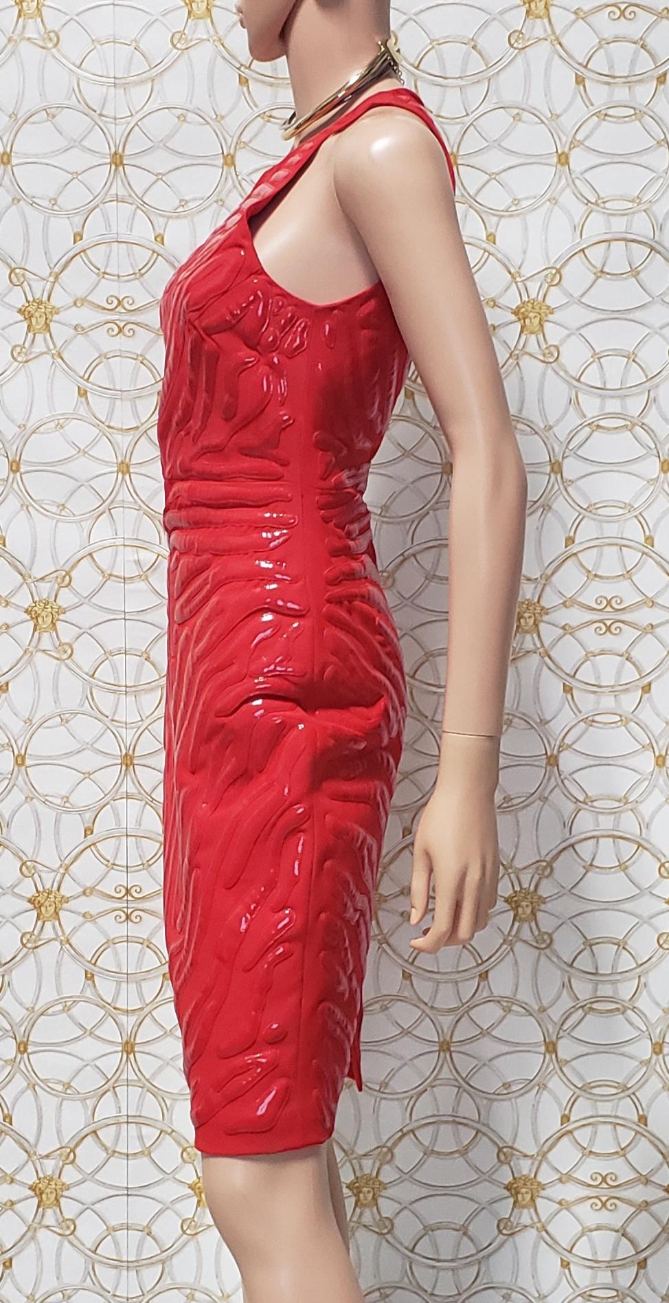 Versace Red Crepe Cady Sheath Dress With Vinyl Animal Stripes 38 - 2 In New Condition In Montgomery, TX