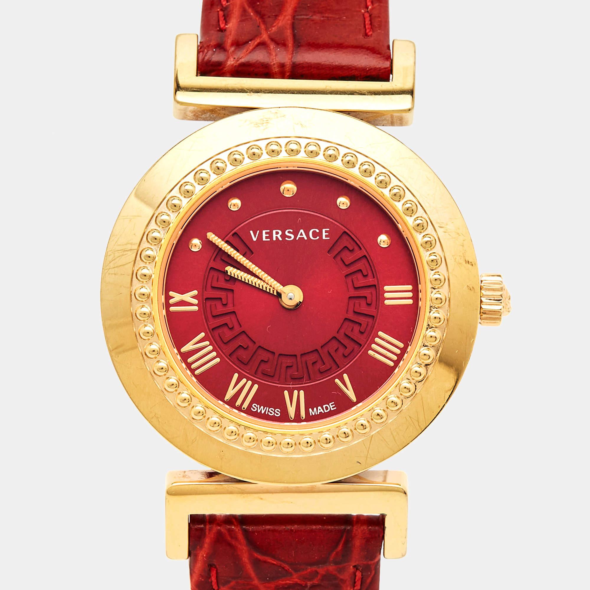 Versace Red Gold Plated Stainless Steel Leather Vanity P5Q Women's Wristwatch 35 1