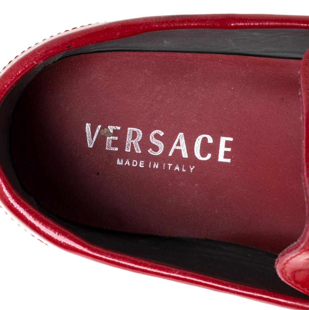 Women's Versace Red Leather and Suede Medusa Detail Slip On Loafers Size 45