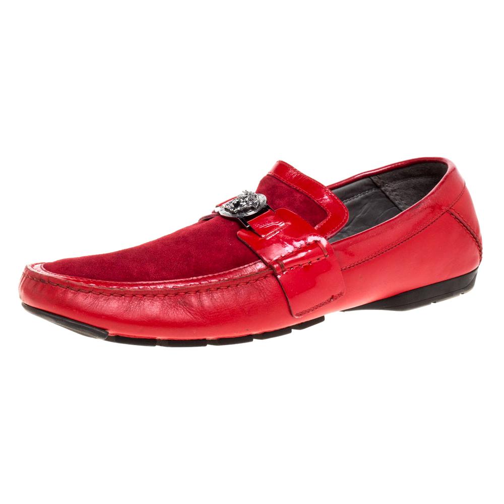 Versace Red Leather and Suede Medusa Detail Slip On Loafers Size 45 For  Sale at 1stDibs | red versace shoes