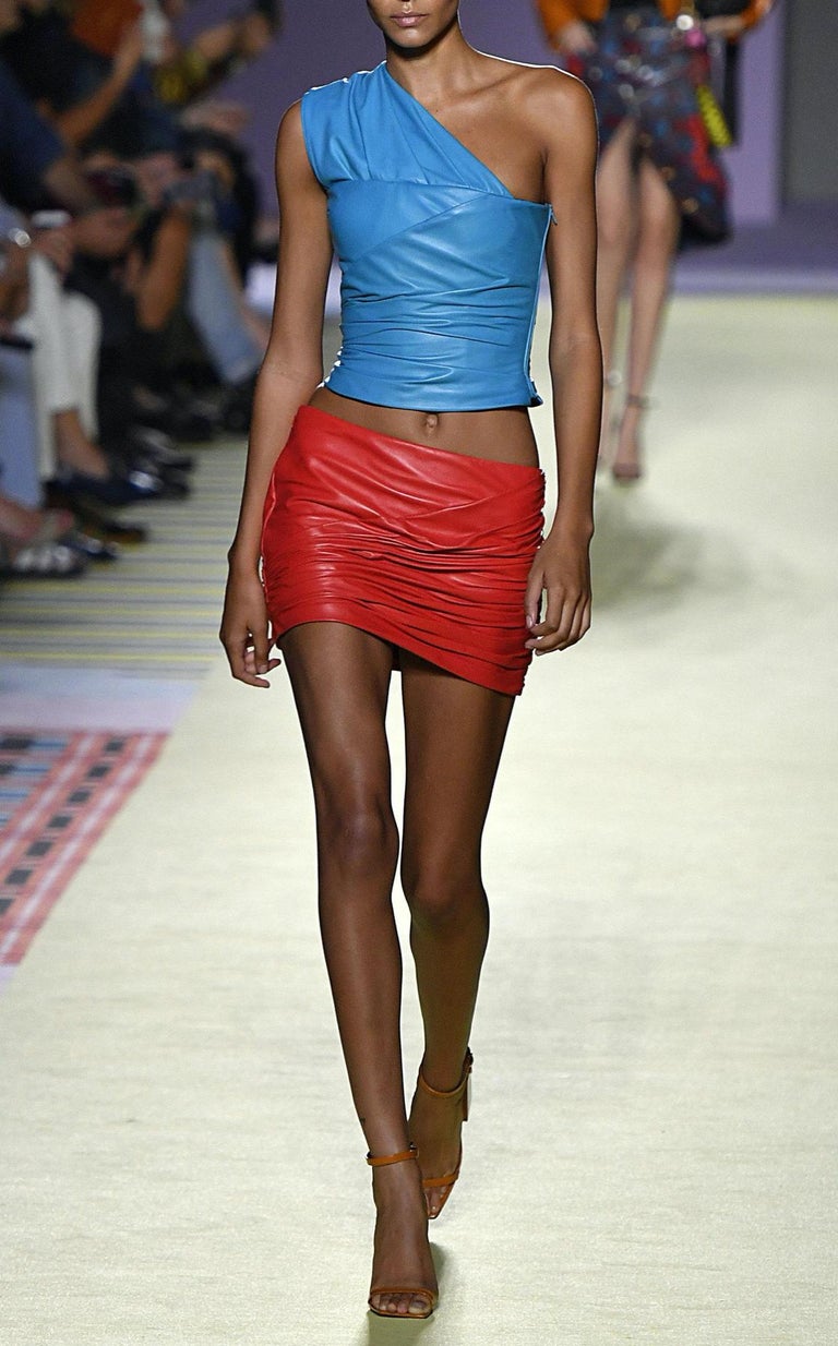 Versace Red Leather Asymmetrical Ruched Mini Skirt Size 40 For Sale at ...