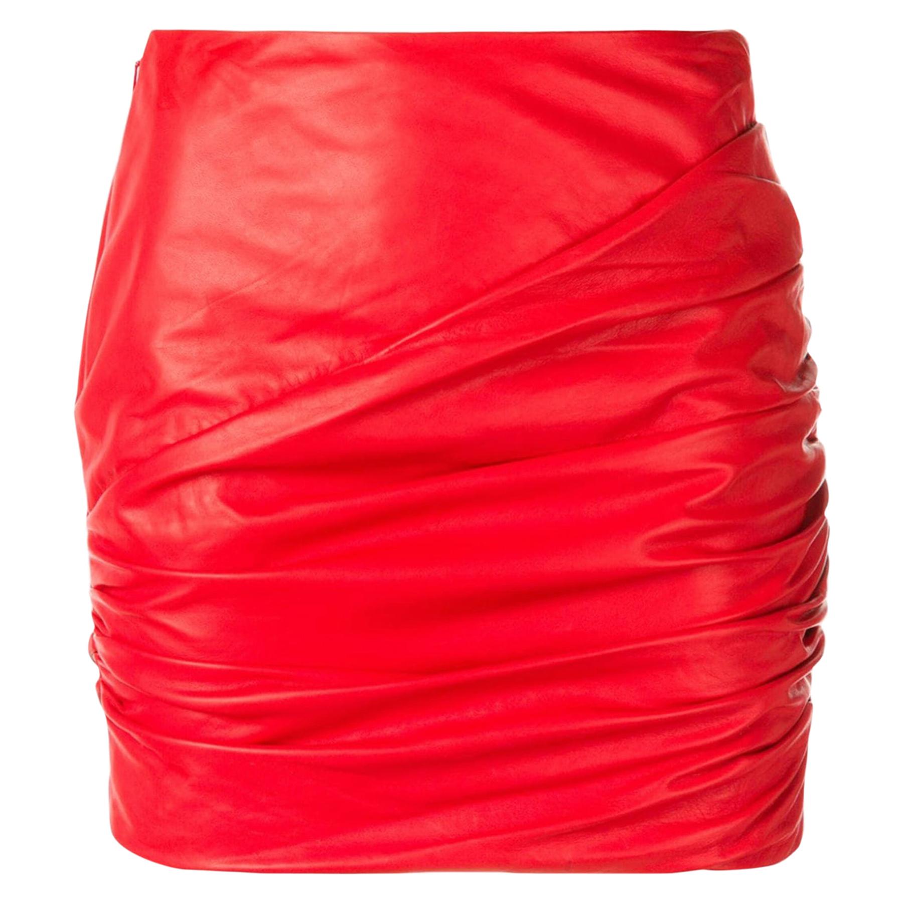 Versace Red Leather Asymmetrical Ruched Mini Skirt Size 40