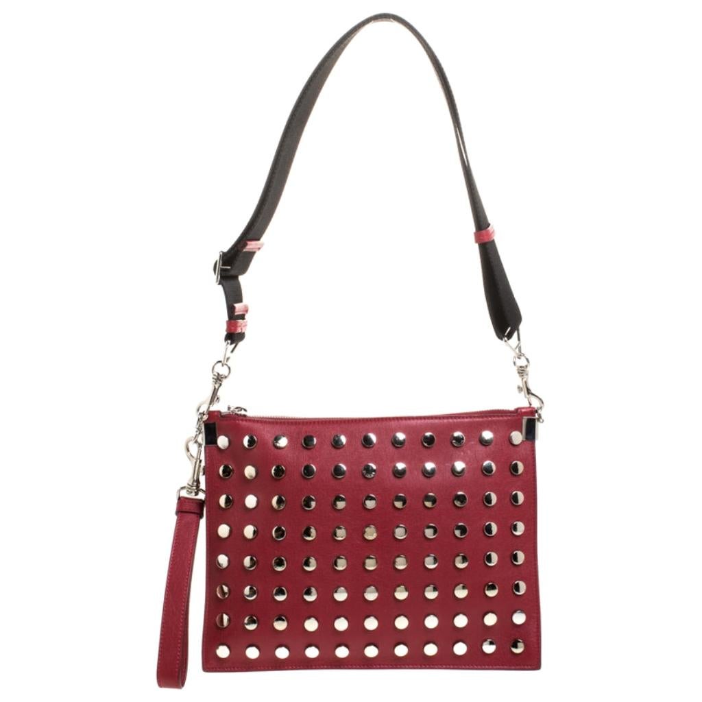 Versace Red Leather Studded Shoulder Bag