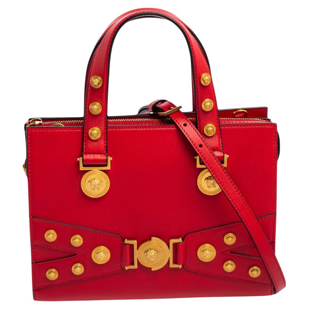 Versace Red Leather Tribute Medusa Studded Zip Tote