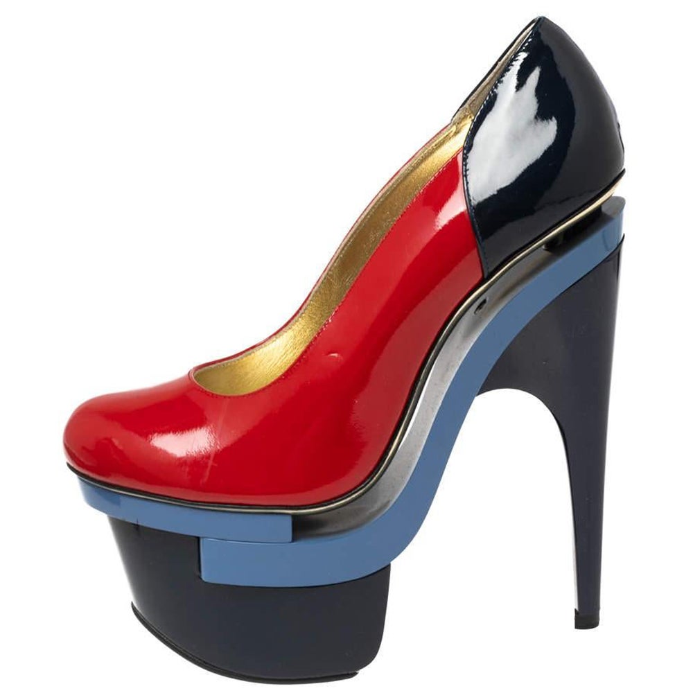 Versace Red/Navy Blue Patent Leather Triple Platform Sky High Pumps Size 37