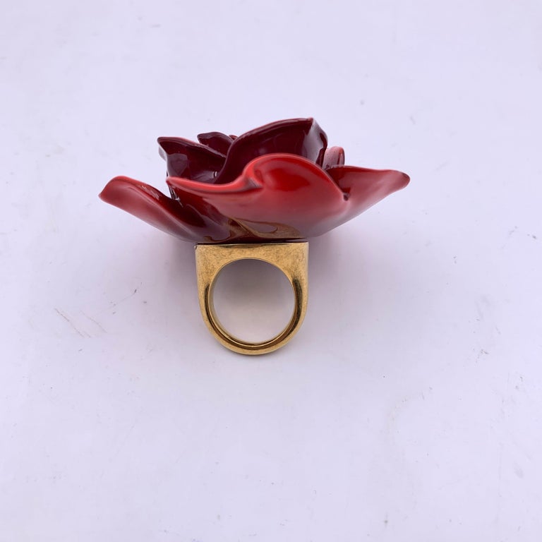 Women's Versace Red Oversized Floral Flower Rose Resin Ring Size 15 For Sale