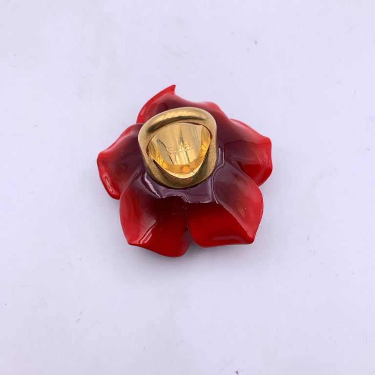 Versace Red Oversized Floral Flower Rose Resin Ring Size 15 For Sale 1