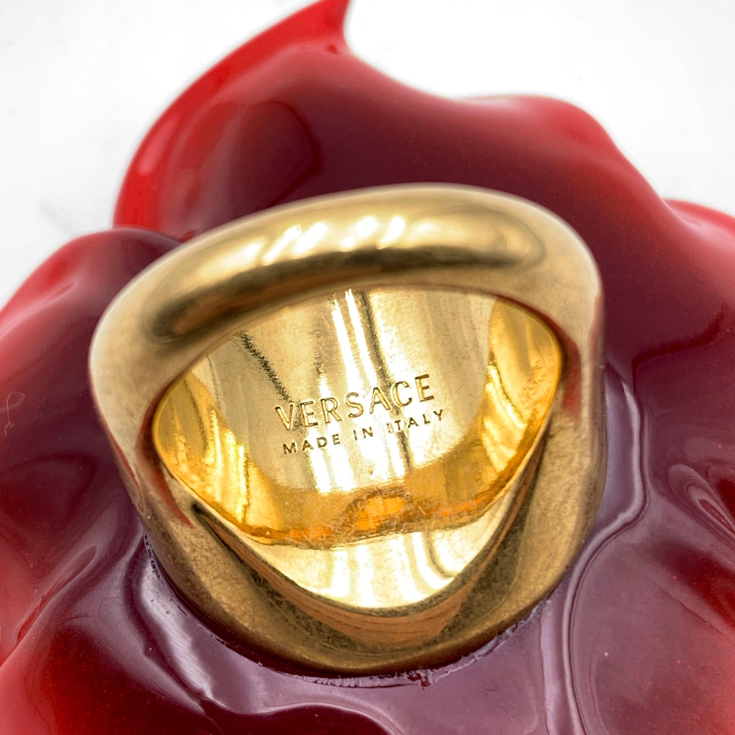 Versace Red Oversized Floral Flower Rose Resin Ring Size 15 In Excellent Condition In Rome, Rome