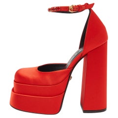 Versace Red Satin Crystal Embellished Platform Block Heel Ankle Strap Pumps 