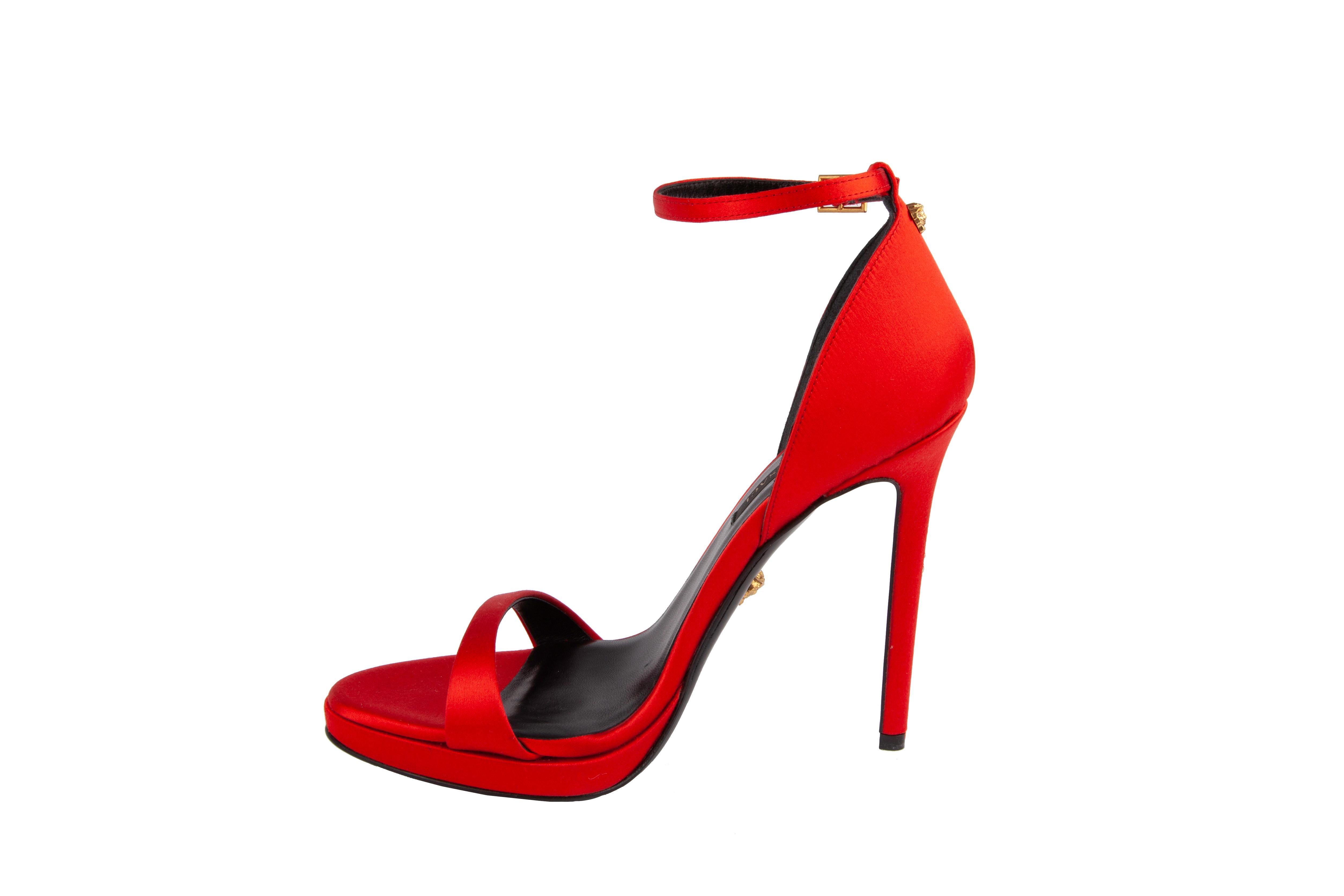 Versace Red Satin Heels with Gold Tone Hardware Size 41 For Sale at ...