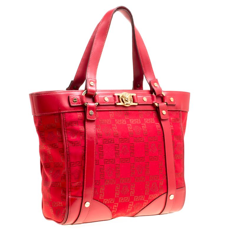 Versace Red Signature Fabric and Leather Tote In Good Condition In Dubai, Al Qouz 2