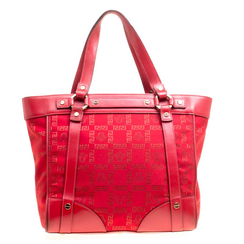 Women's Versace Red Signature Fabric and Leather Tote