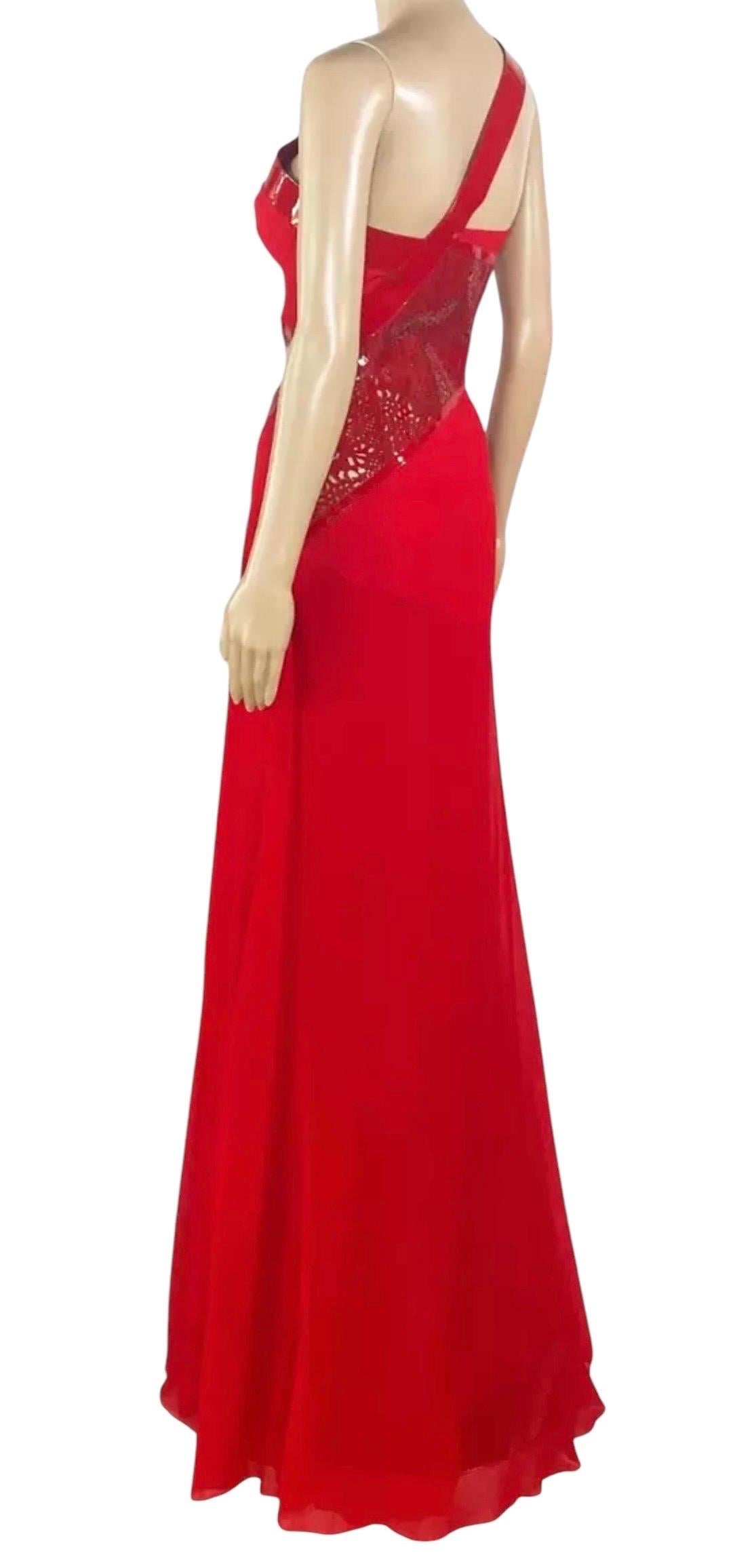 De las mujeres Versace Vestido largo de noche de seda roja con detalle de polipiel 38 -2 en venta