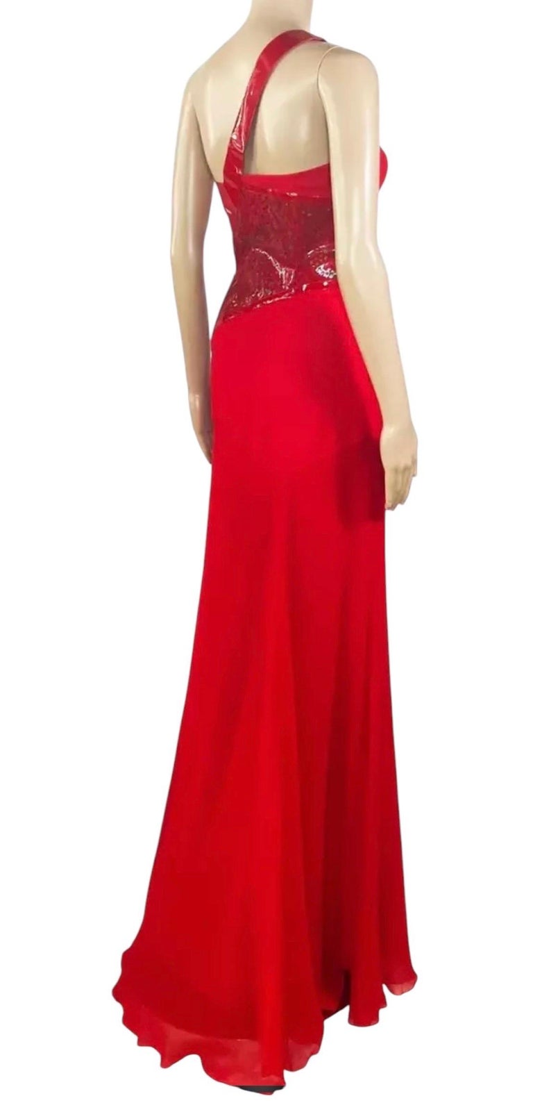 Versace Red Silk Evening Long Gown Dress w/Patent Leather Detail 38 -2 For  Sale at 1stDibs