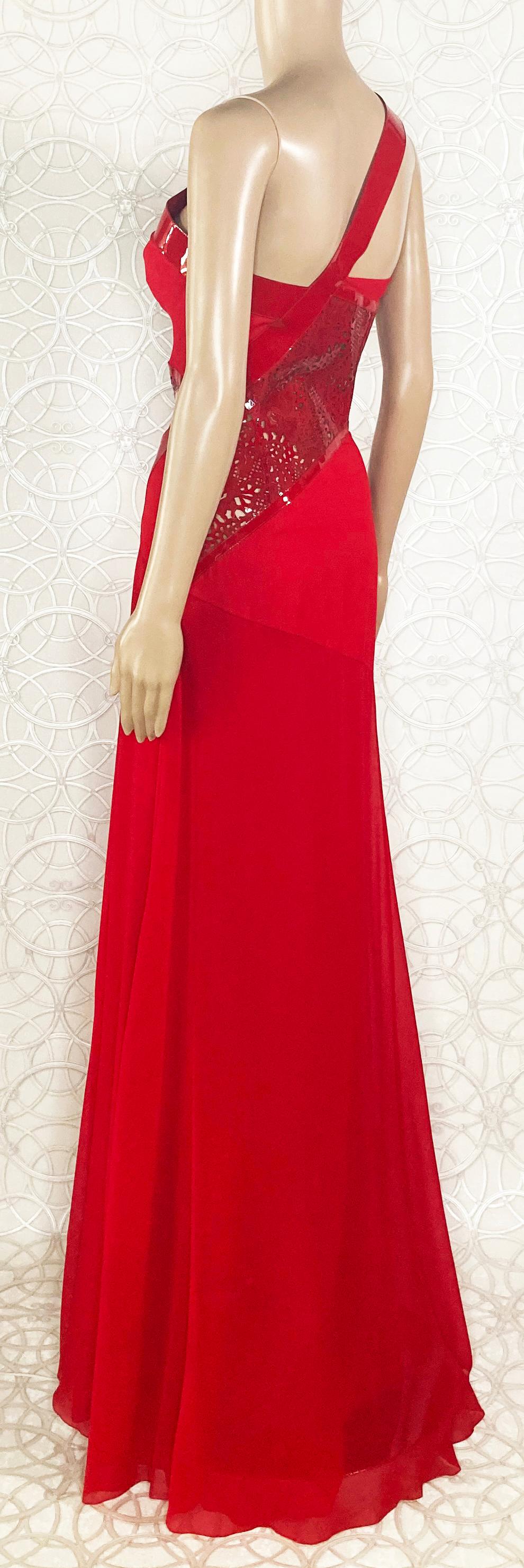 VERSACE RED SILK EVENING LONG GOWN DRESS w/PATENT LEATHER INSERTS 38 -2 For Sale 5