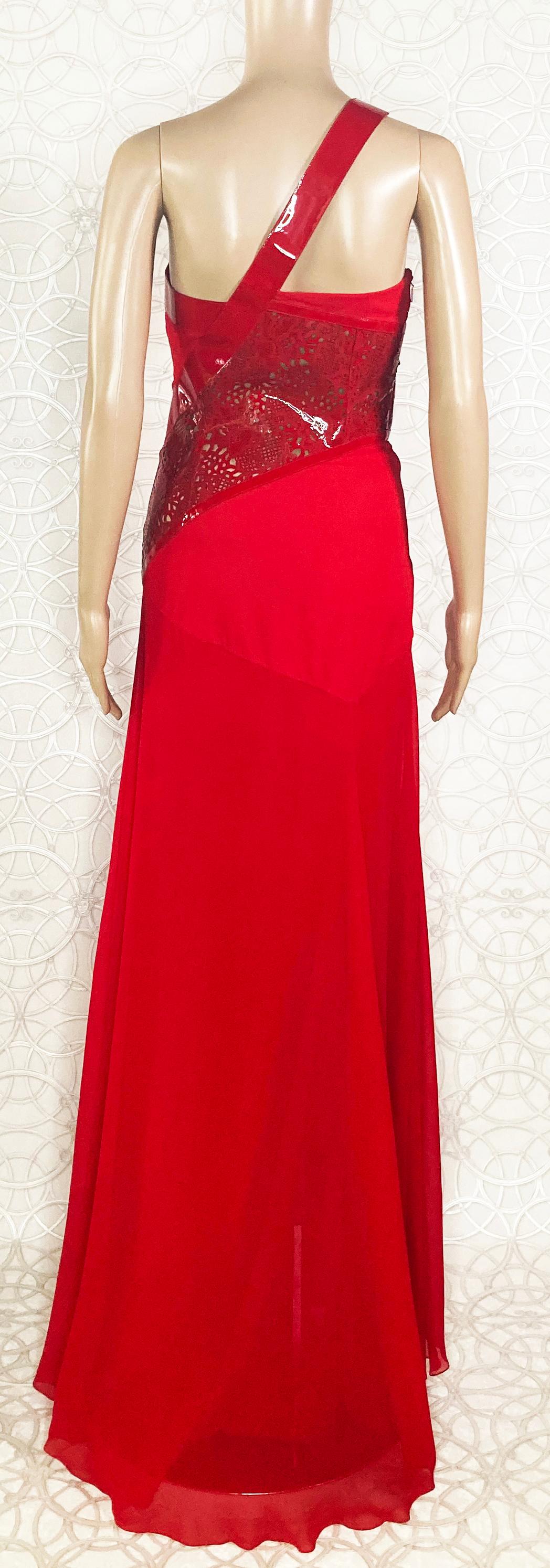 VERSACE RED SILK EVENING LONG GOWN DRESS w/PATENT LEATHER INSERTS 38 -2 For Sale 6