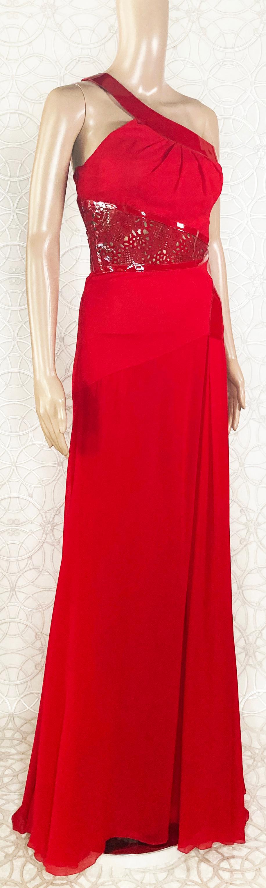 VERSACE RED SILK EVENING LONG GOWN DRESS w/PATENT LEATHER INSERTS 38 -2 For Sale 8