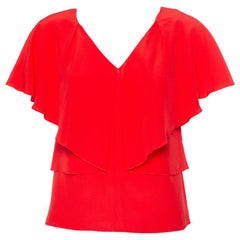 Versace Red Silk V-Neck Ruffled Top S