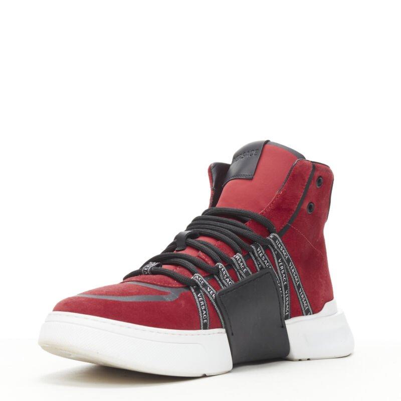 VERSACE red suede Medusa emblem nastro logo ribbon high top sneakers EU40 In Good Condition For Sale In Hong Kong, NT