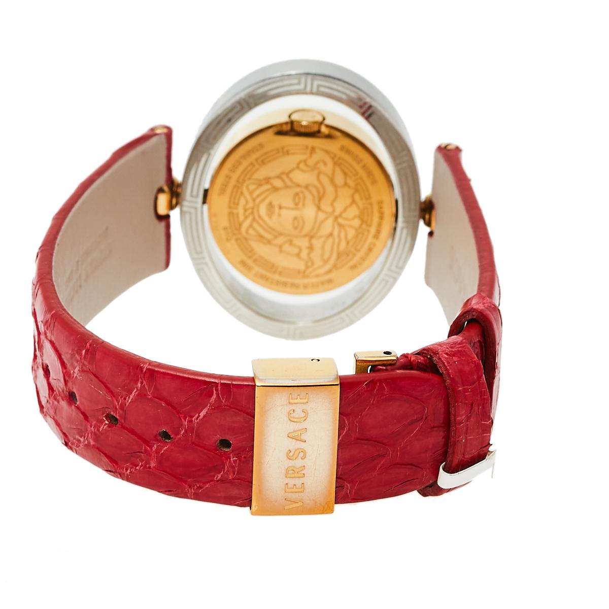 Contemporary Versace Red Two Tone Stainless Steel Leather Women's Wristwatch 32 mm x 40 mm