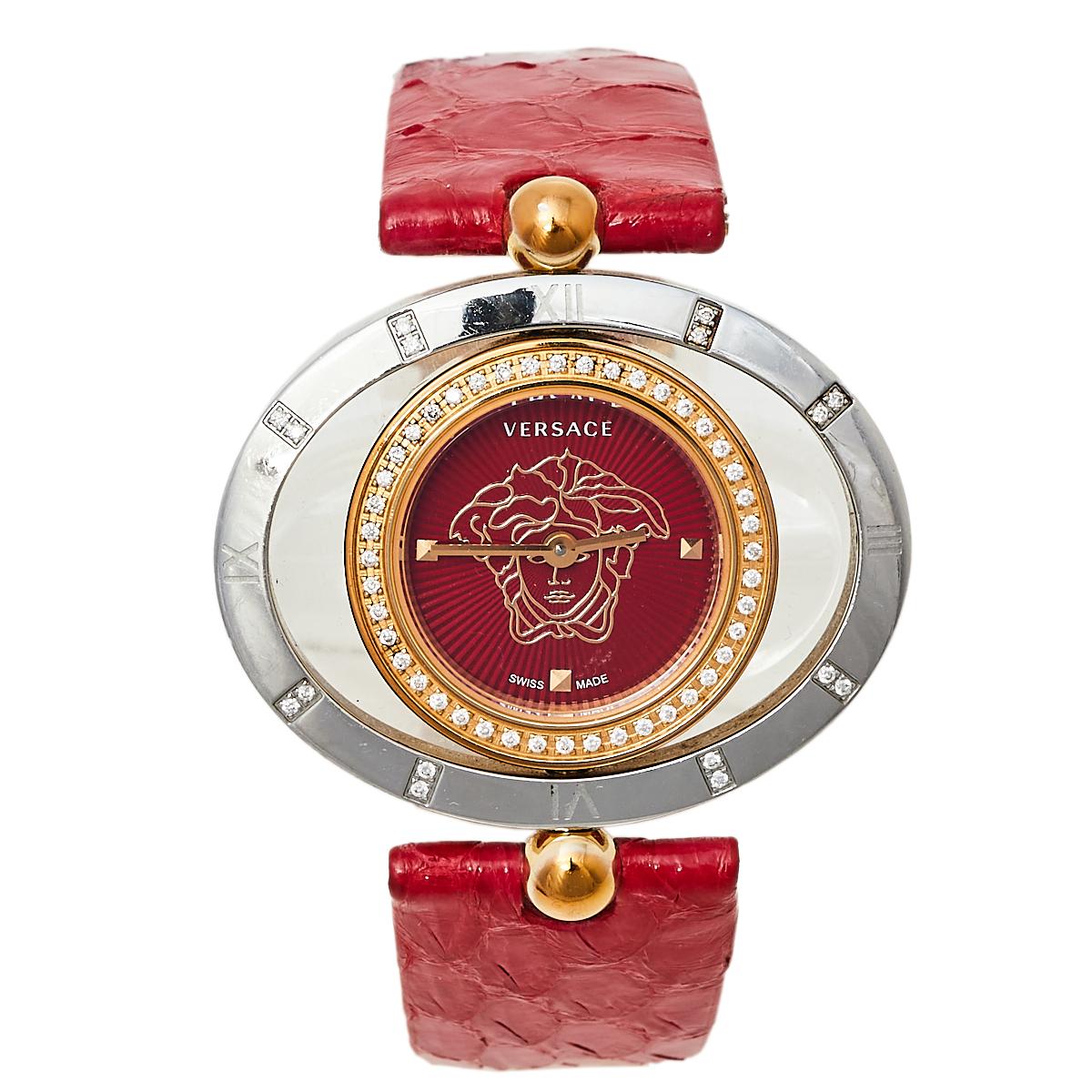 Versace Red Two Tone Stainless Steel Leather Women's Wristwatch 32 mm x 40 mm