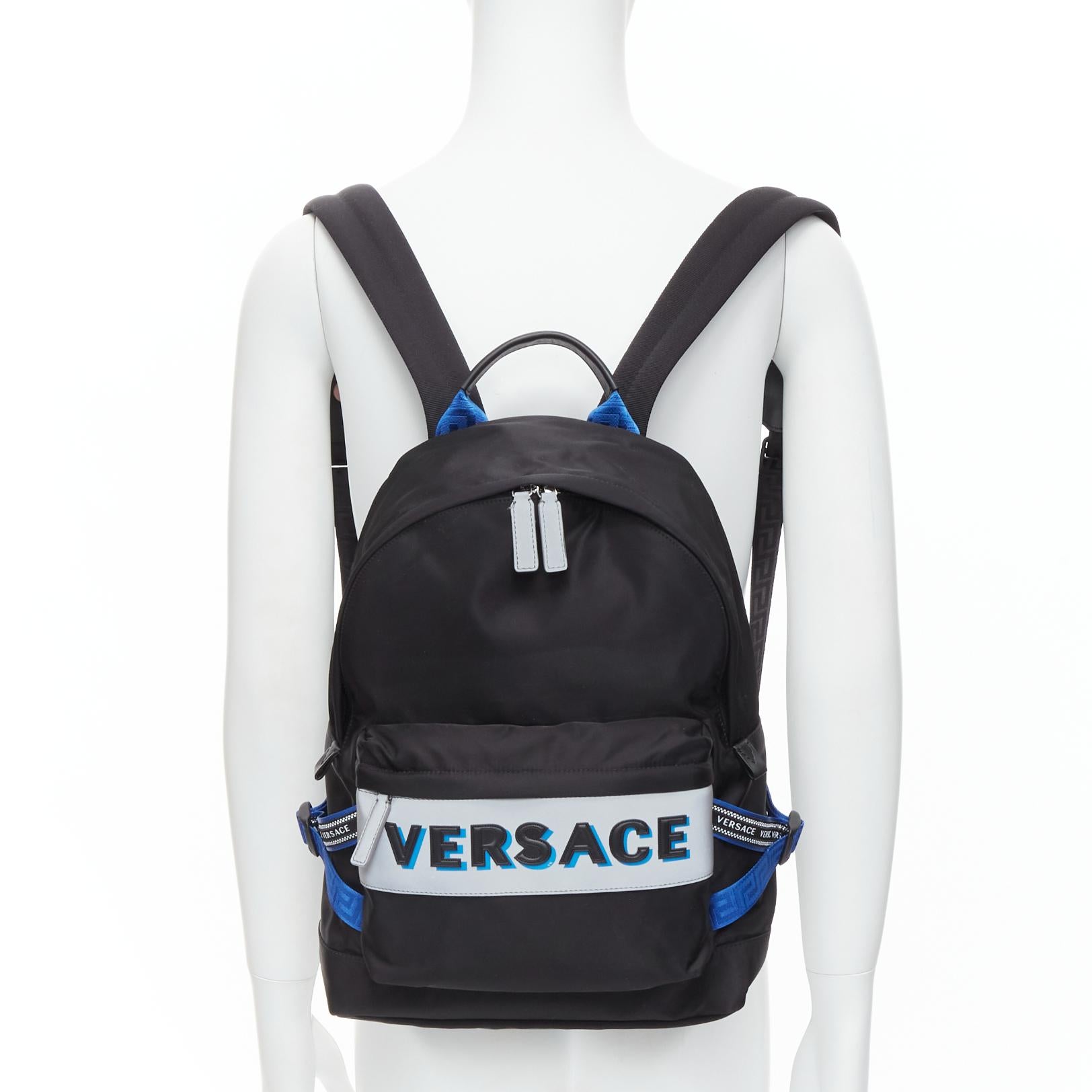 Black VERSACE Reflective Logo black nylon blue Greca nylon strap backpack For Sale