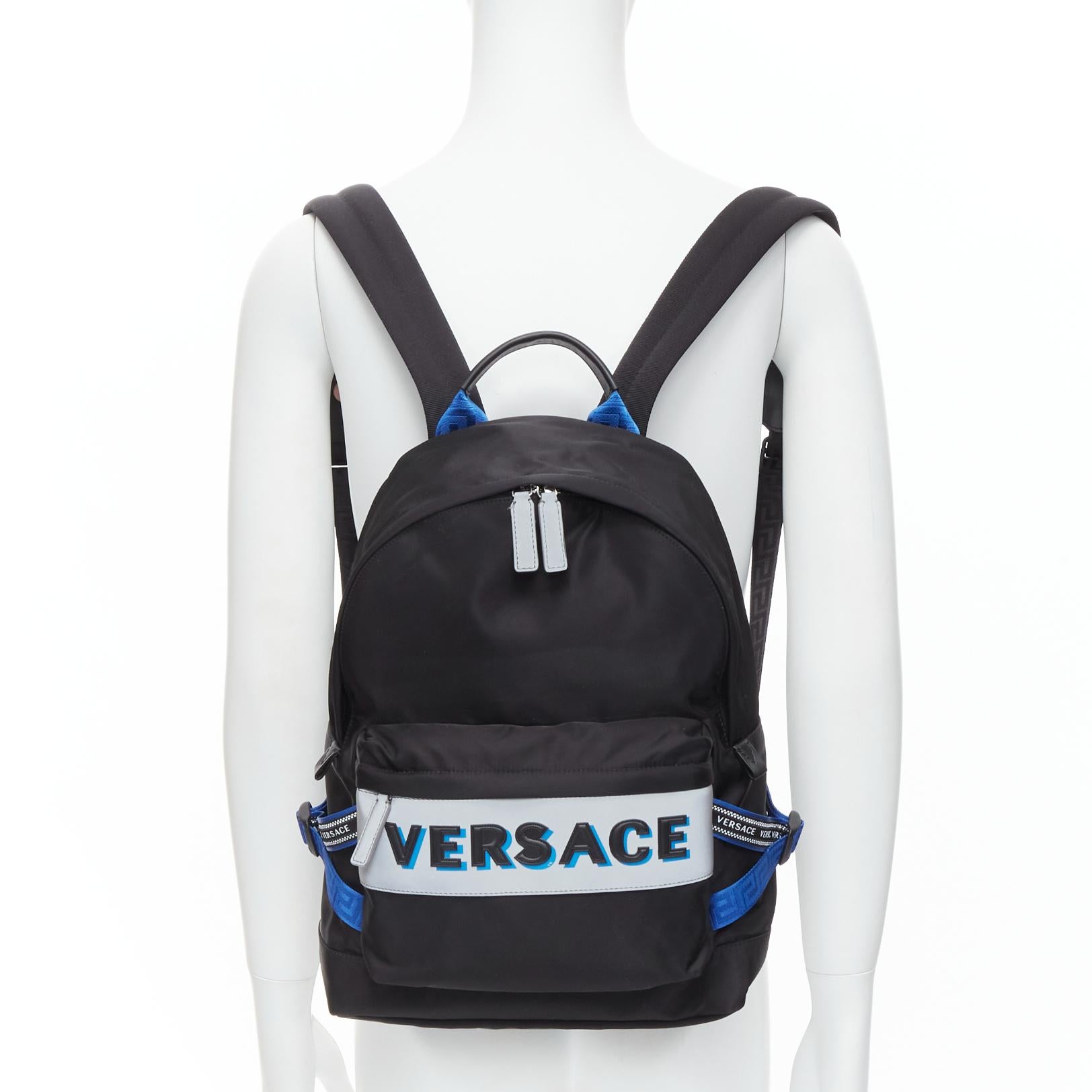 VERSACE Reflective Logo black nylon blue Greca nylon strap backpack In New Condition For Sale In Hong Kong, NT