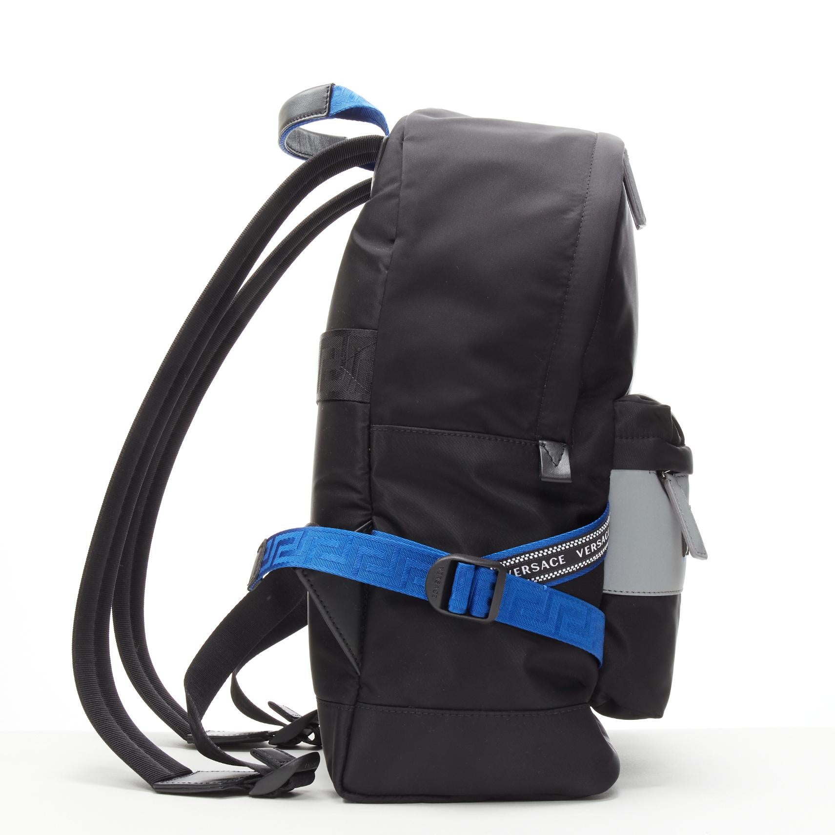 VERSACE Reflective Logo black nylon blue Greca nylon strap backpack In New Condition For Sale In Hong Kong, NT